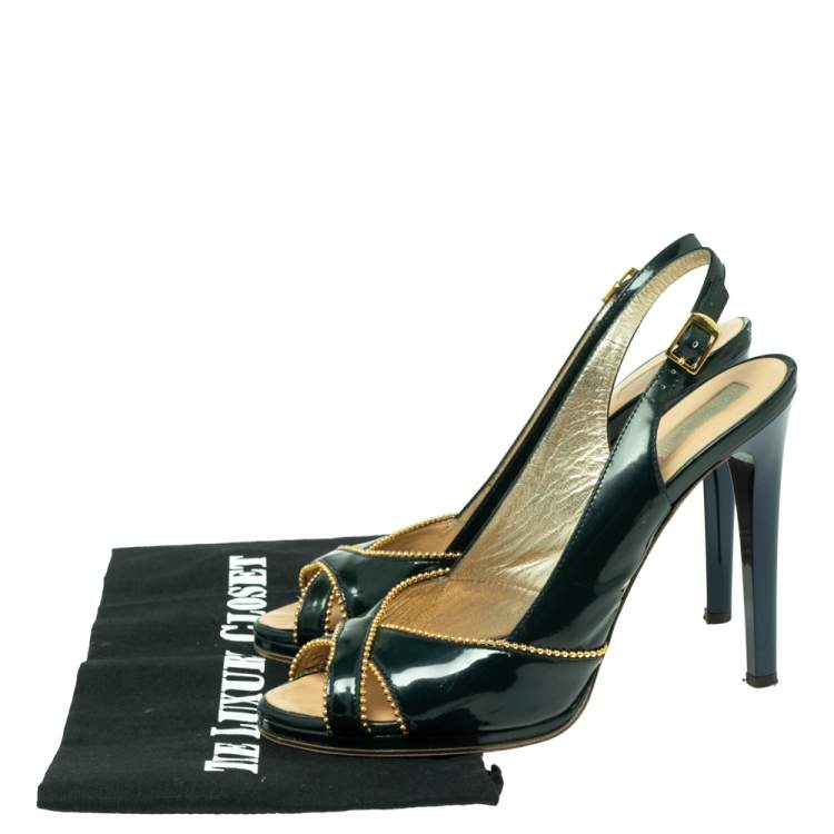 Pre Owned Roberto Cavalli Dark Green Patent Leather Slingback Peep-Toe Sandals Size 38.5