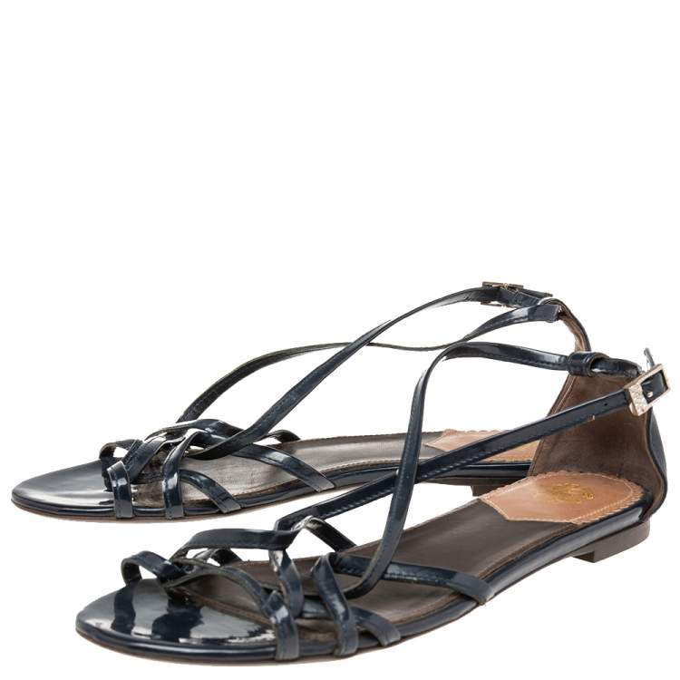 مملوكة مسبقًا Roberto Cavalli Navy Blue Leather Strappy Flat Sandals Size 38