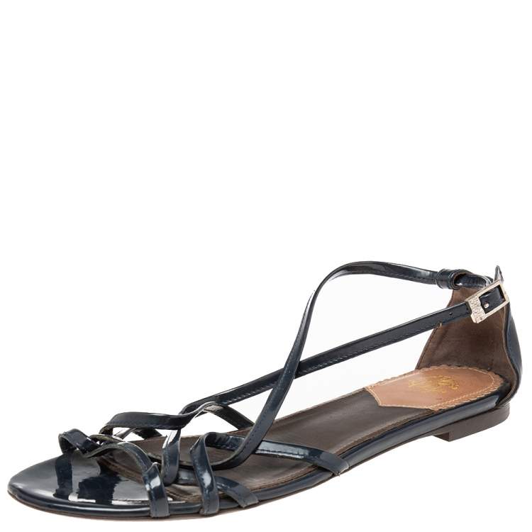 مملوكة مسبقًا Roberto Cavalli Navy Blue Leather Strappy Flat Sandals Size 38