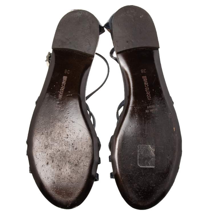 مملوكة مسبقًا Roberto Cavalli Navy Blue Leather Strappy Flat Sandals Size 38