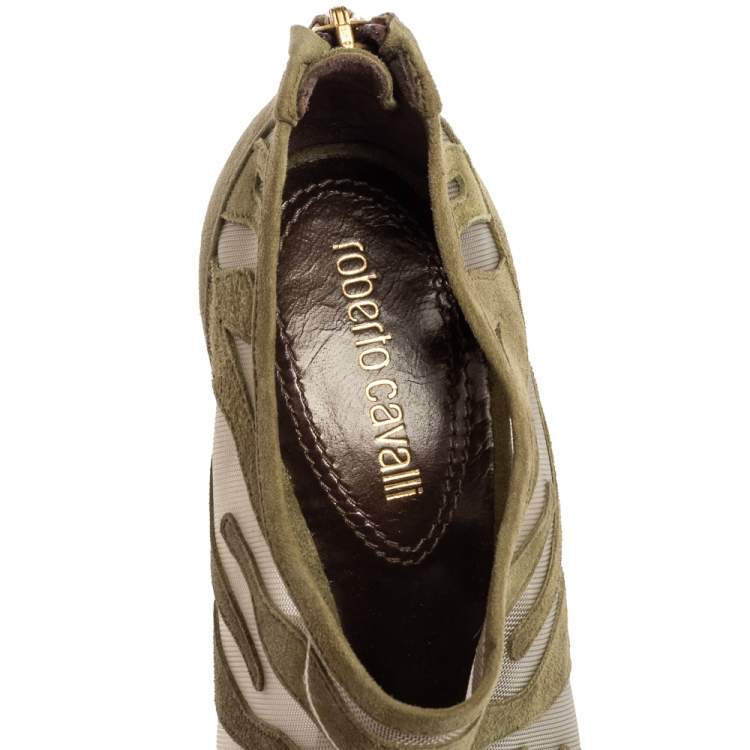 Pre Owned Roberto Cavalli Olive Green Suede and Mesh Open-Toe Ankle Booties Size 38