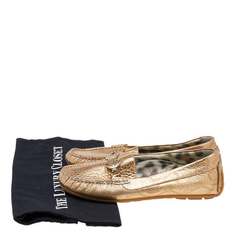 Pre Owned Roberto Cavalli Metallic Gold Iridescent Effect Leather Embellished Slip On Loafers Size 39