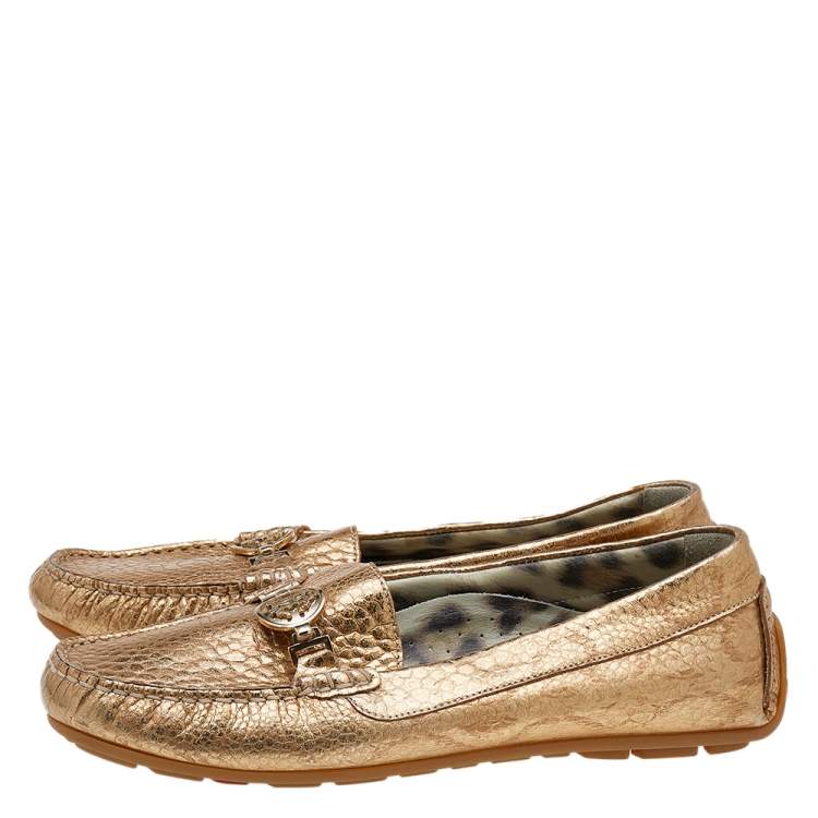 Pre Owned Roberto Cavalli Metallic Gold Iridescent Effect Leather Embellished Slip On Loafers Size 39