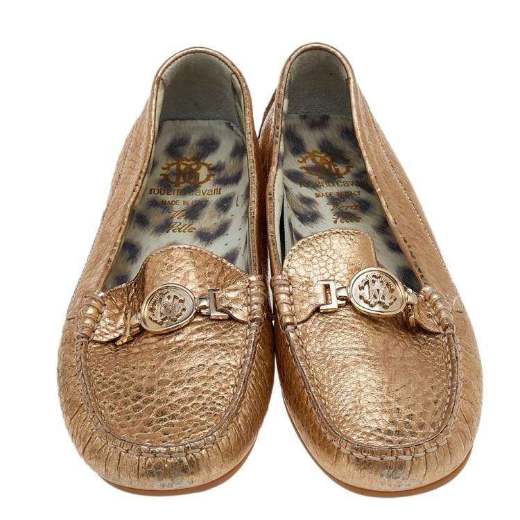 Pre Owned Roberto Cavalli Metallic Gold Iridescent Effect Leather Embellished Slip On Loafers Size 39