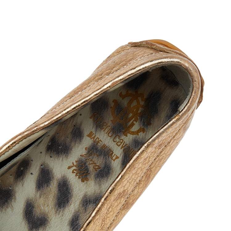 Pre Owned Roberto Cavalli Metallic Gold Iridescent Effect Leather Embellished Slip On Loafers Size 39