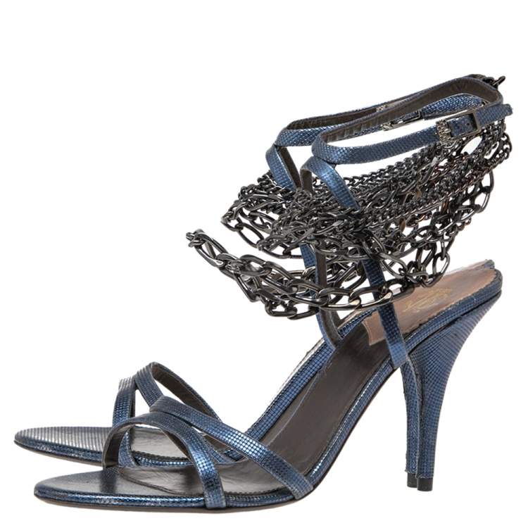 Pre Owned Roberto Cavalli Metallic Blue Leather Ankle Chain/Strap Sandals Size 38