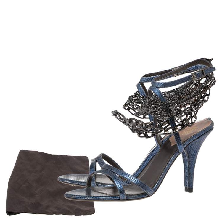 Pre Owned Roberto Cavalli Metallic Blue Leather Ankle Chain/Strap Sandals Size 38