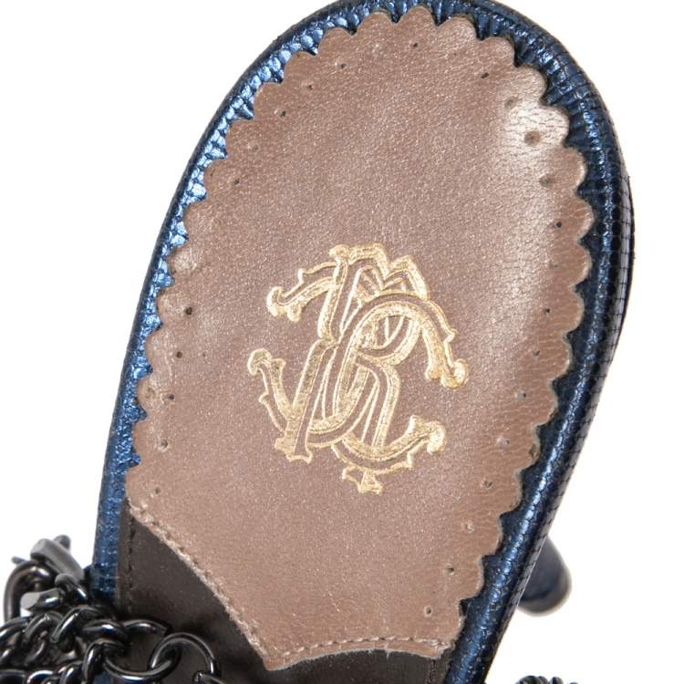 Pre Owned Roberto Cavalli Metallic Blue Leather Ankle Chain/Strap Sandals Size 38