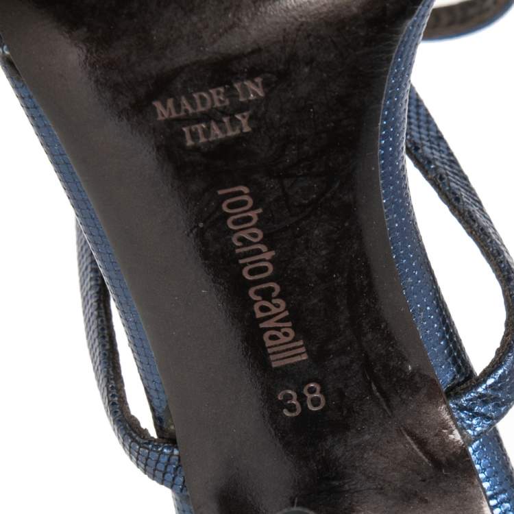 Pre Owned Roberto Cavalli Metallic Blue Leather Ankle Chain/Strap Sandals Size 38