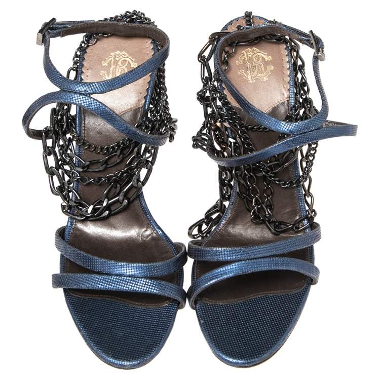 Pre Owned Roberto Cavalli Metallic Blue Leather Ankle Chain/Strap Sandals Size 38