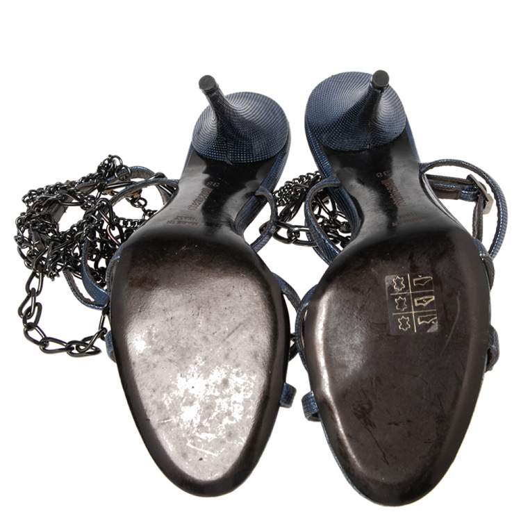 Pre Owned Roberto Cavalli Metallic Blue Leather Ankle Chain/Strap Sandals Size 38