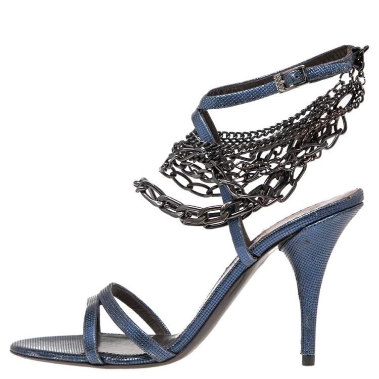 Pre Owned Roberto Cavalli Metallic Blue Leather Ankle Chain/Strap Sandals Size 38