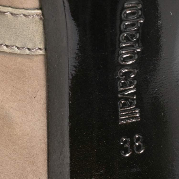 Pre Owned Roberto Cavalli Light Olive/Light Brown Nubuck and Croc Embossed Leather Peep-Toe Lace-Up Derby Booties Size 38