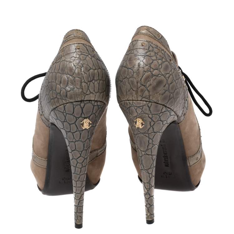 Pre Owned Roberto Cavalli Light Olive/Light Brown Nubuck and Croc Embossed Leather Peep-Toe Lace-Up Derby Booties Size 38