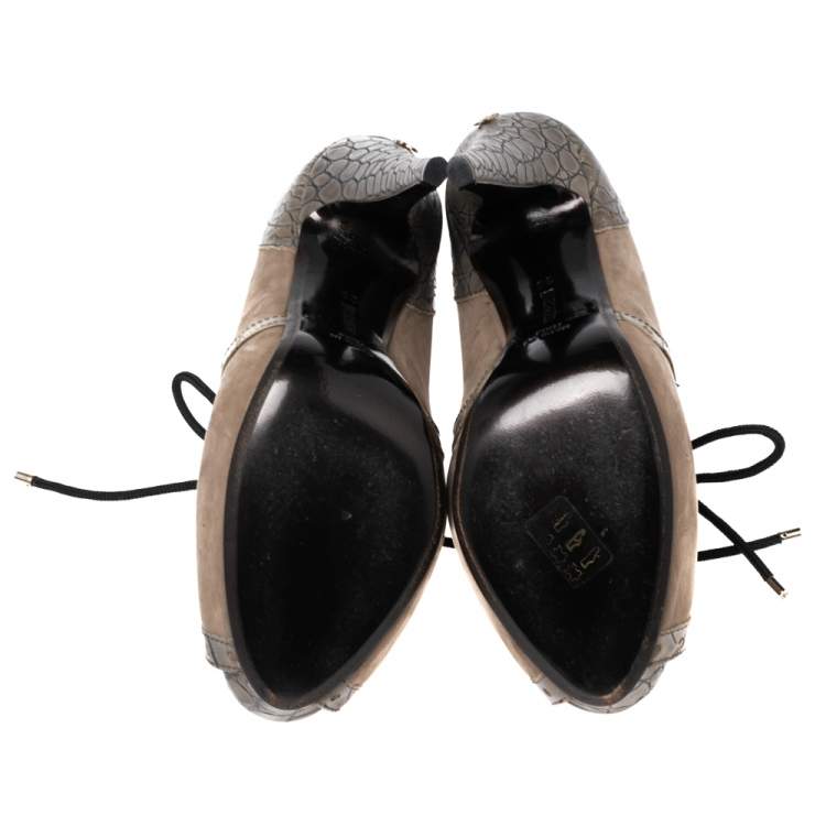 Pre Owned Roberto Cavalli Light Olive/Light Brown Nubuck and Croc Embossed Leather Peep-Toe Lace-Up Derby Booties Size 38