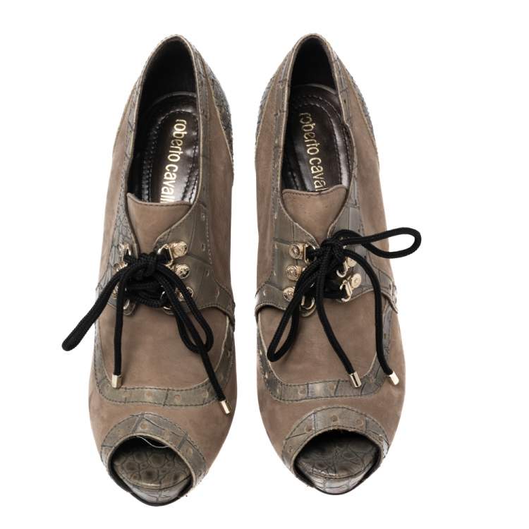 Pre Owned Roberto Cavalli Light Olive/Light Brown Nubuck and Croc Embossed Leather Peep-Toe Lace-Up Derby Booties Size 38