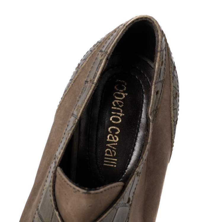 Pre Owned Roberto Cavalli Light Olive/Light Brown Nubuck and Croc Embossed Leather Peep-Toe Lace-Up Derby Booties Size 38