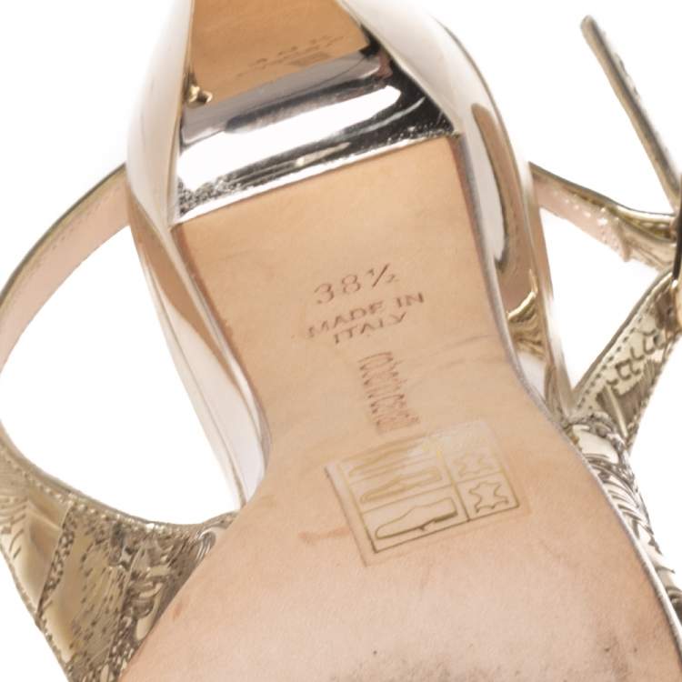 Pre Owned Roberto Cavalli Gold Leather Slingback Peep Toe Sandals Size 38.5