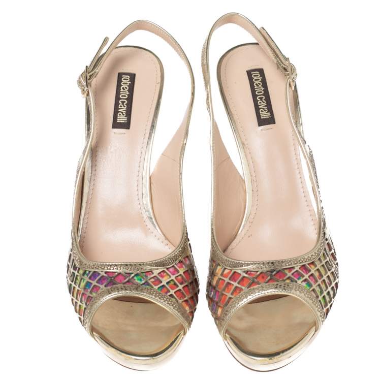 Pre Owned Roberto Cavalli Gold Leather Slingback Peep Toe Sandals Size 38.5