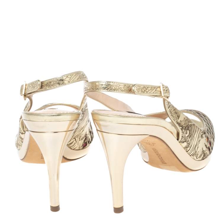 Pre Owned Roberto Cavalli Gold Leather Slingback Peep Toe Sandals Size 38.5