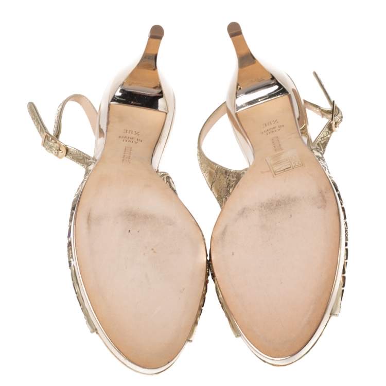 Pre Owned Roberto Cavalli Gold Leather Slingback Peep Toe Sandals Size 38.5