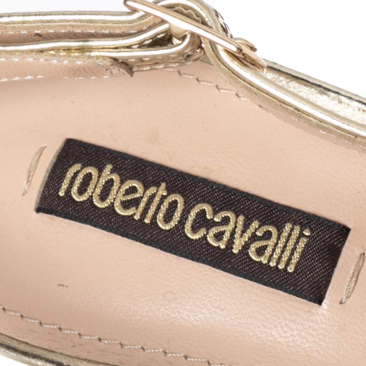 Pre Owned Roberto Cavalli Gold Leather Slingback Peep Toe Sandals Size 38.5