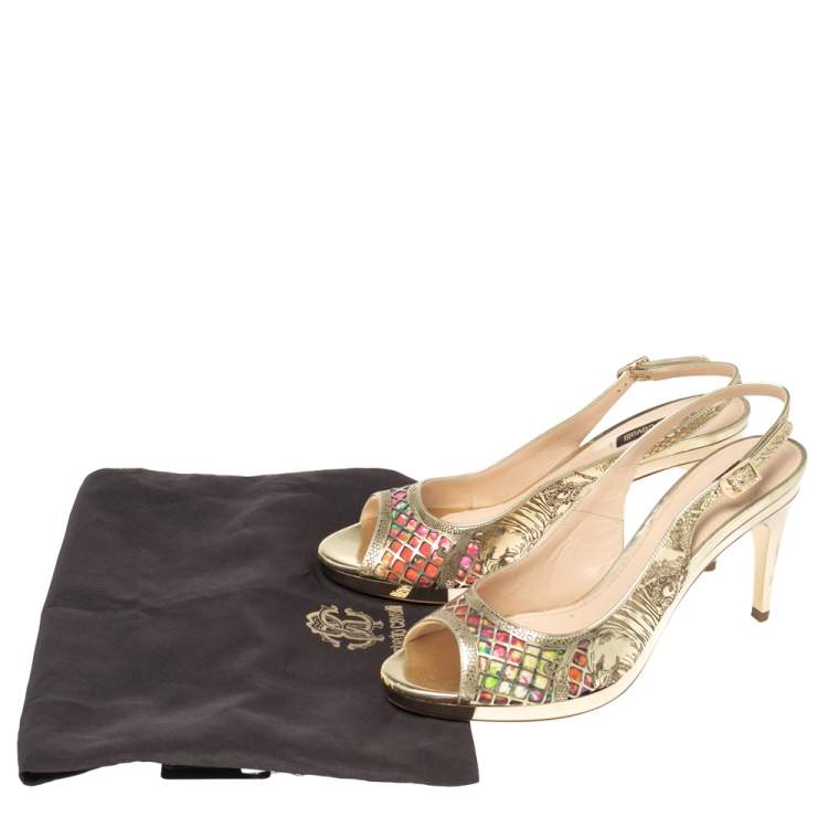 Pre Owned Roberto Cavalli Gold Leather Slingback Peep Toe Sandals Size 38.5