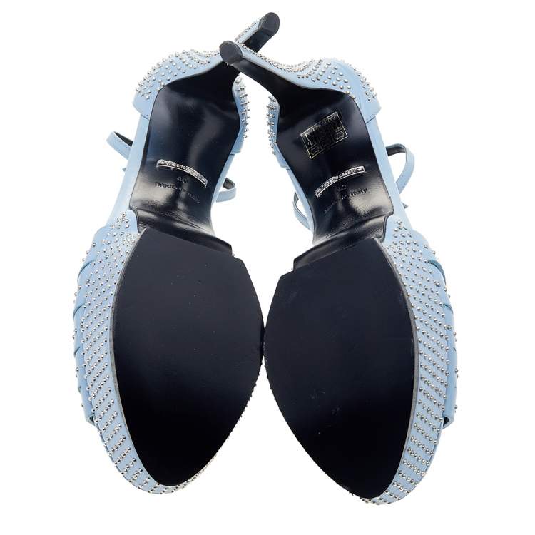 Pre Owned Roberto Cavalli Light Blue Leather Studded Ankle Strap Platform Sandals Size 40