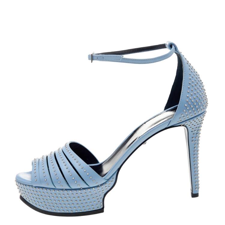 Pre Owned Roberto Cavalli Light Blue Leather Studded Ankle Strap Platform Sandals Size 40