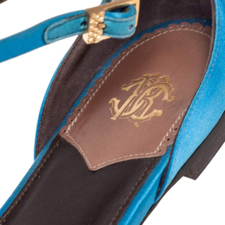 Pre Owned Roberto Cavalli Blue Satin Embellished Flat Sandals Size 38