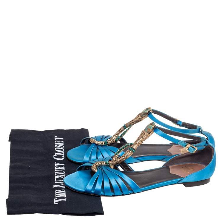 Pre Owned Roberto Cavalli Blue Satin Embellished Flat Sandals Size 38