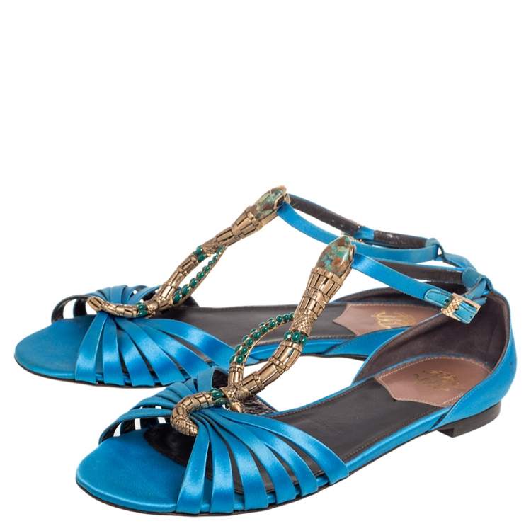Pre Owned Roberto Cavalli Blue Satin Embellished Flat Sandals Size 38