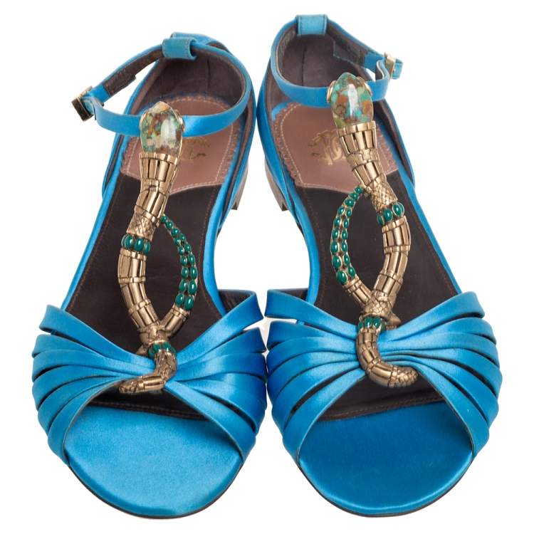 Pre Owned Roberto Cavalli Blue Satin Embellished Flat Sandals Size 38