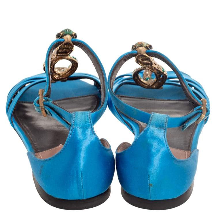 Pre Owned Roberto Cavalli Blue Satin Embellished Flat Sandals Size 38