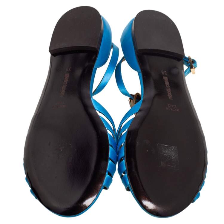 Pre Owned Roberto Cavalli Blue Satin Embellished Flat Sandals Size 38