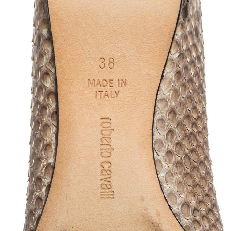 Pre Owned Roberto Cavalli Beige/Brown Python Leather Padlock Ballet Flats Size 38