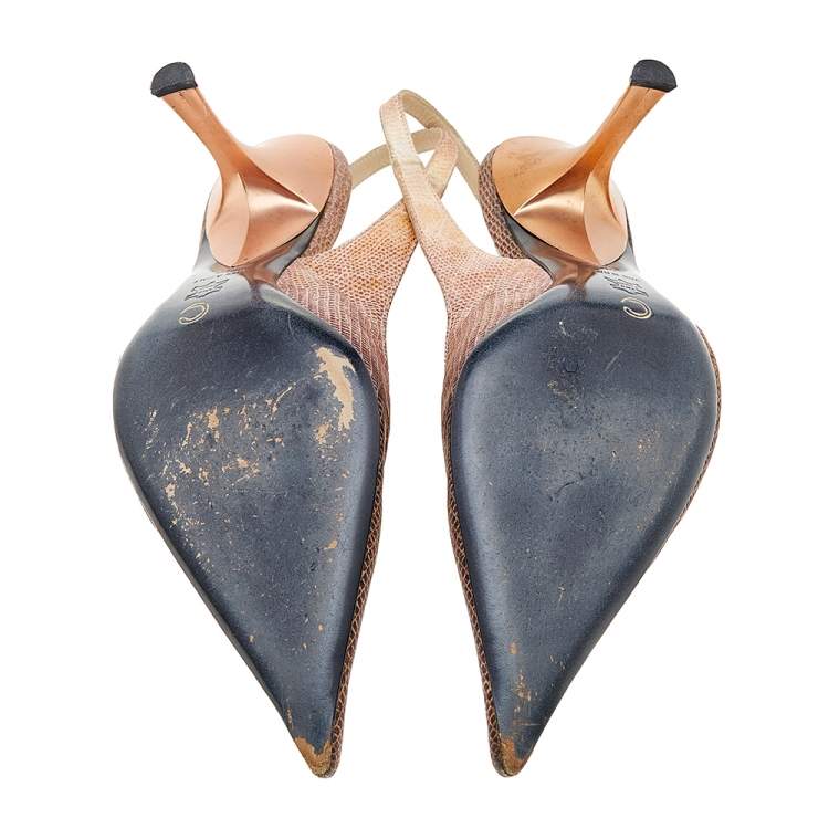 Pre Owned Roberto Cavalli Bronze Lizard Print Satin Pointed Toe Slingback Sandals Size 40