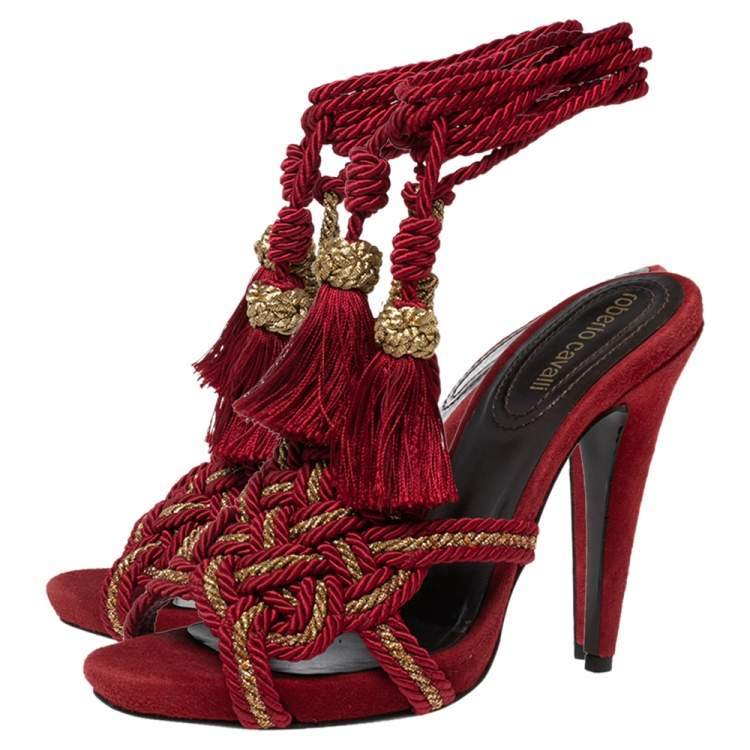 مملوكة مسبقًا Roberto Cavalli Red Woven Fabric And Suede Ankle Wrap Sandals Size 38