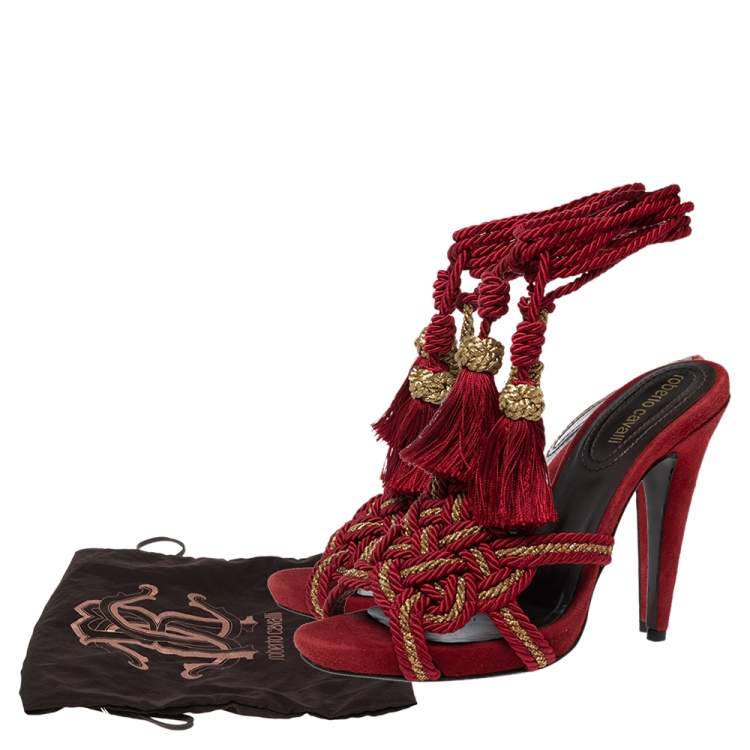 مملوكة مسبقًا Roberto Cavalli Red Woven Fabric And Suede Ankle Wrap Sandals Size 38