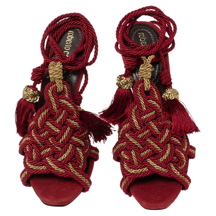 مملوكة مسبقًا Roberto Cavalli Red Woven Fabric And Suede Ankle Wrap Sandals Size 38