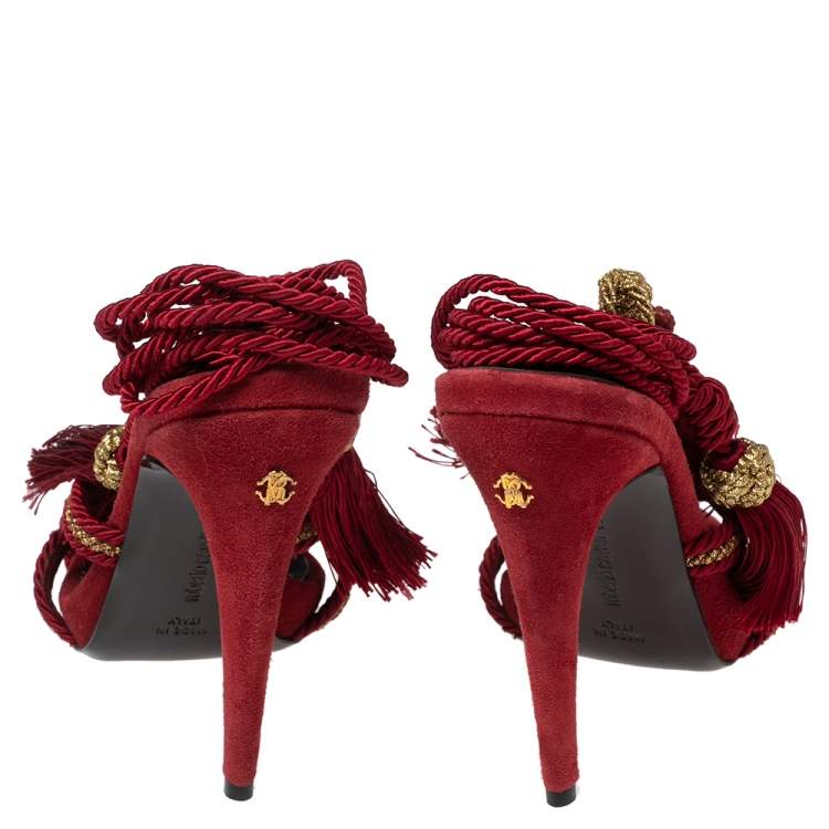 مملوكة مسبقًا Roberto Cavalli Red Woven Fabric And Suede Ankle Wrap Sandals Size 38