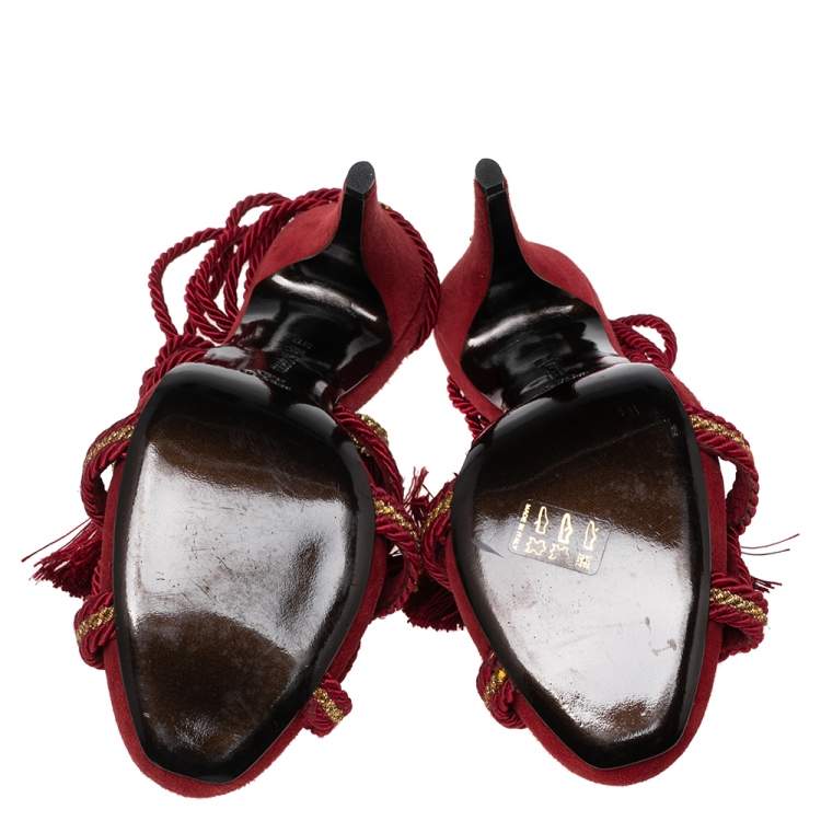 مملوكة مسبقًا Roberto Cavalli Red Woven Fabric And Suede Ankle Wrap Sandals Size 38