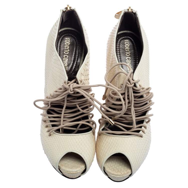 Pre Owned Roberto Cavalli Cream Snakeskin Leather Peep-Toe Lace-Up Ankle Booties Size 38