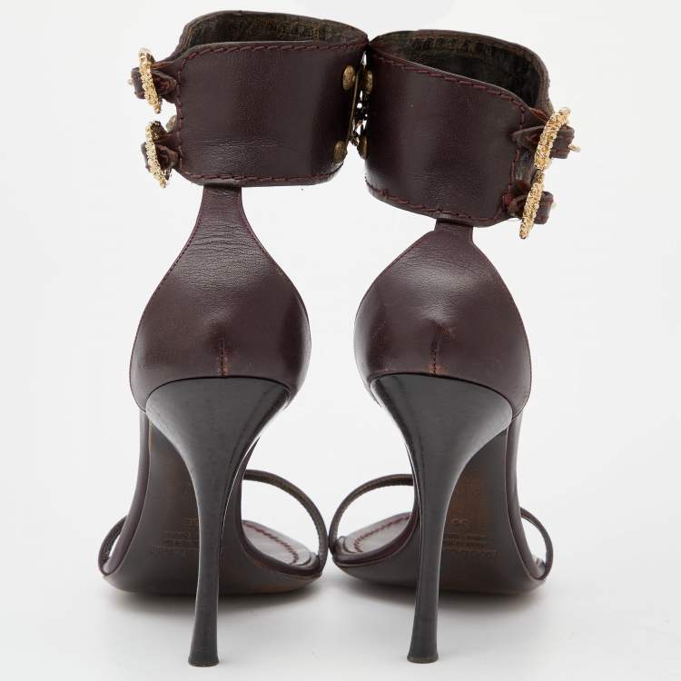 Pre Owned Roberto Cavalli Burgundy Leather Buckle Detail Ankle Cuff Sandals Size 36