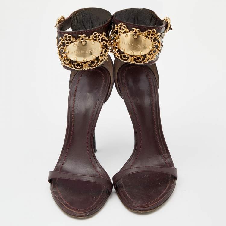 Pre Owned Roberto Cavalli Burgundy Leather Buckle Detail Ankle Cuff Sandals Size 36