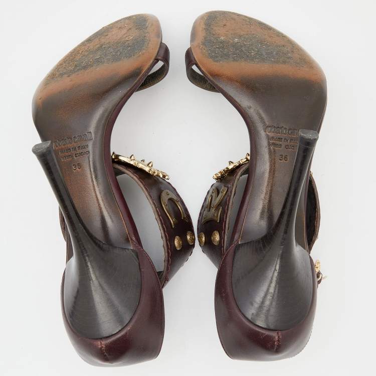 Pre Owned Roberto Cavalli Burgundy Leather Buckle Detail Ankle Cuff Sandals Size 36