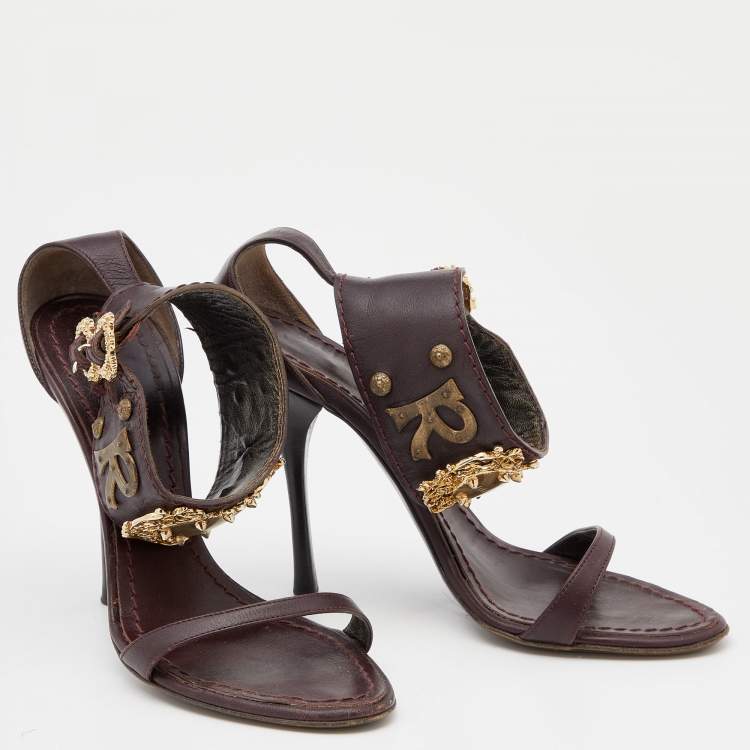 Pre Owned Roberto Cavalli Burgundy Leather Buckle Detail Ankle Cuff Sandals Size 36