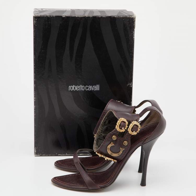 Pre Owned Roberto Cavalli Burgundy Leather Buckle Detail Ankle Cuff Sandals Size 36
