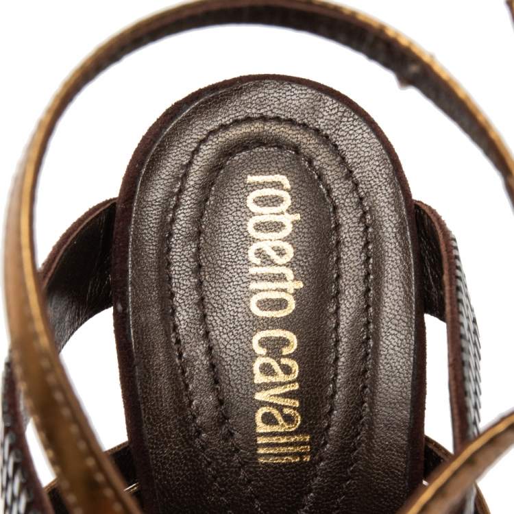 مملوكة مسبقًا Roberto Cavalli Brown/Gold  Leather And Suede Crystal Embellished Ankle Strap Sandals Size 41 