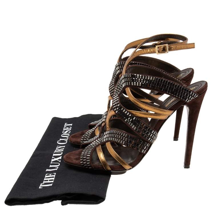 مملوكة مسبقًا Roberto Cavalli Brown/Gold  Leather And Suede Crystal Embellished Ankle Strap Sandals Size 41 